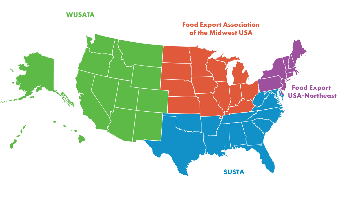 Map of WUSATA, SUSTA, Food Export USA-Northeast, and Food Export Association of the Midwest USA.